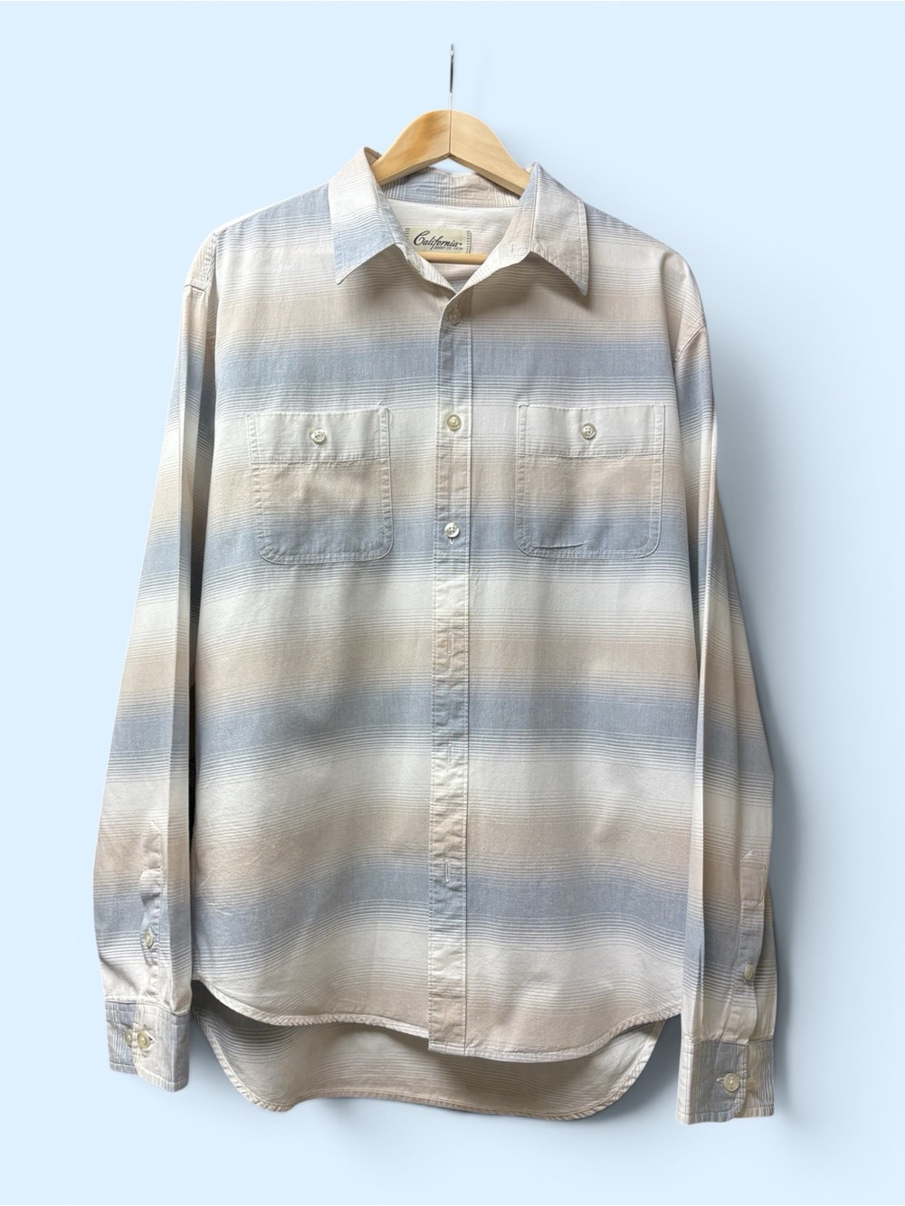 Casual Button-Down Shirt in Beige & Light Blue Stripes